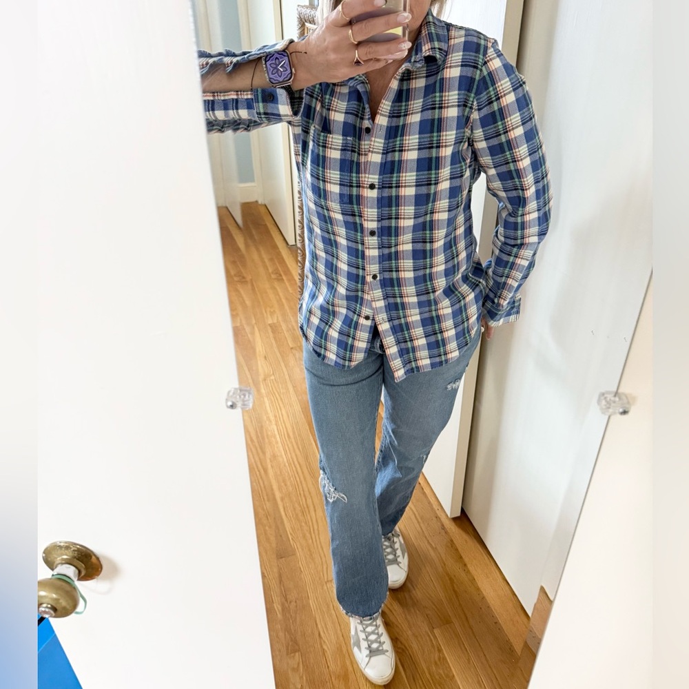 Madewell Classic Plaid Flannel Shirt | Blue Green White | Size M - Picture 6 of 11
